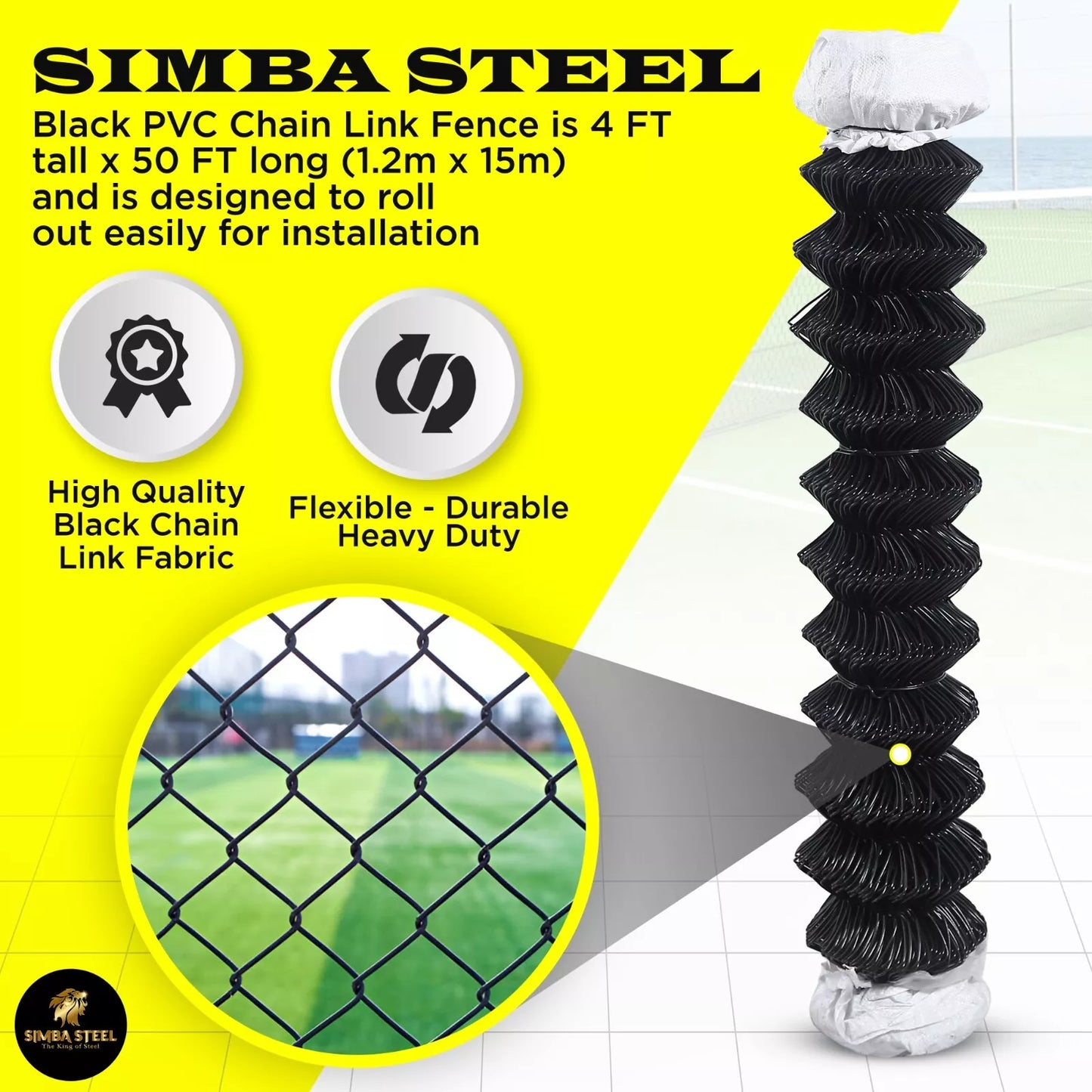 BLACK PVC Coated Galvanized Steel 4X50 ft Chain Link Fence Fabric 11.5 GA SIMBA