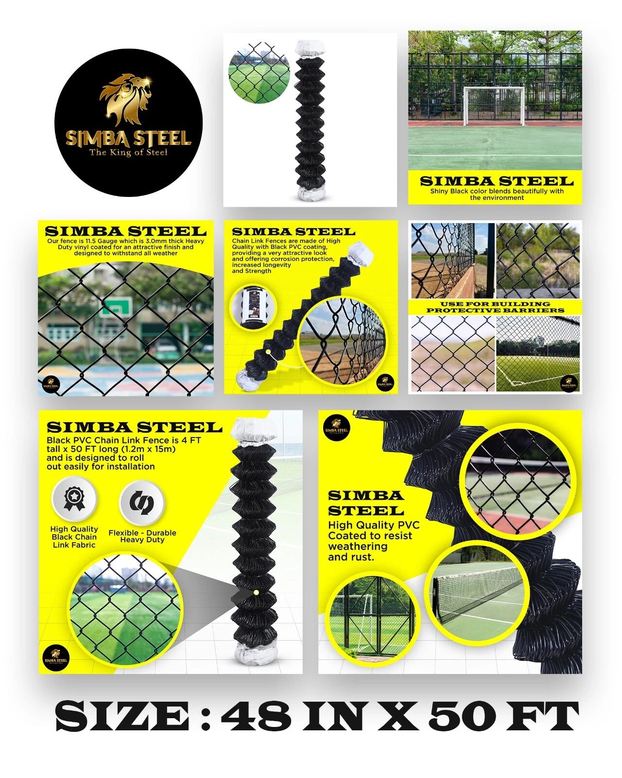 BLACK PVC Coated Galvanized Steel 4X50 ft Chain Link Fence Fabric 11.5 GA SIMBA