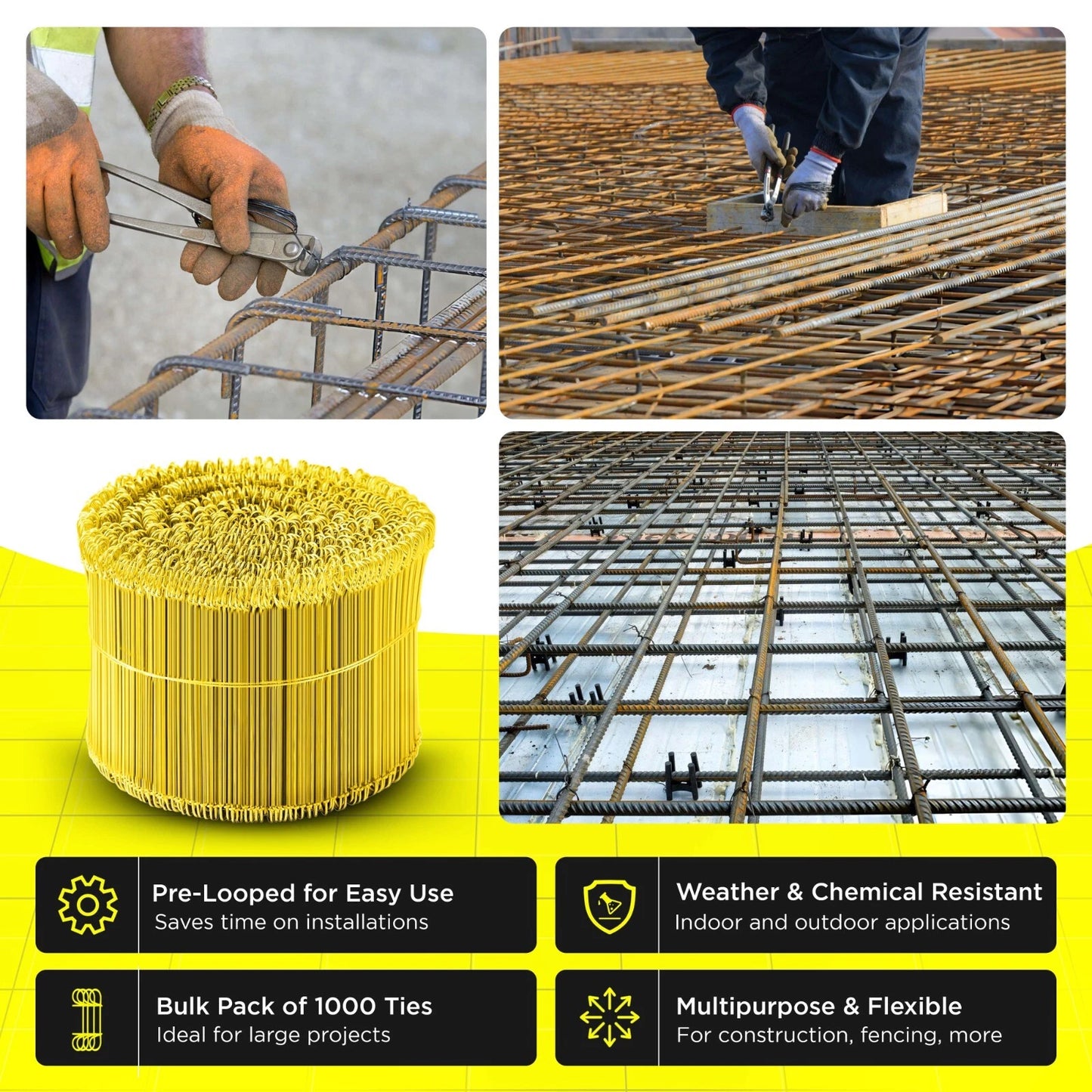 6 Inch x 1000pc YELLOW PVC COATED Double Loop Rebar Wire Tie, 16 Gage SIMBASTEEL