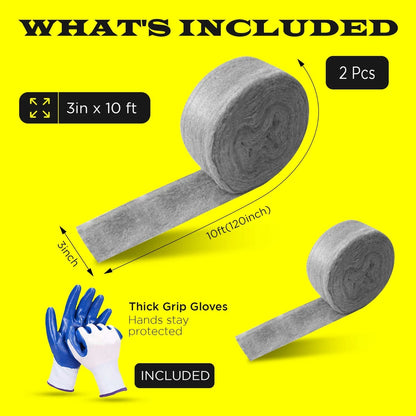 2 Pack Steel Wool 3 x 10FT each + Gloves, Mice Control, Keep Home Safe, Gap Fill