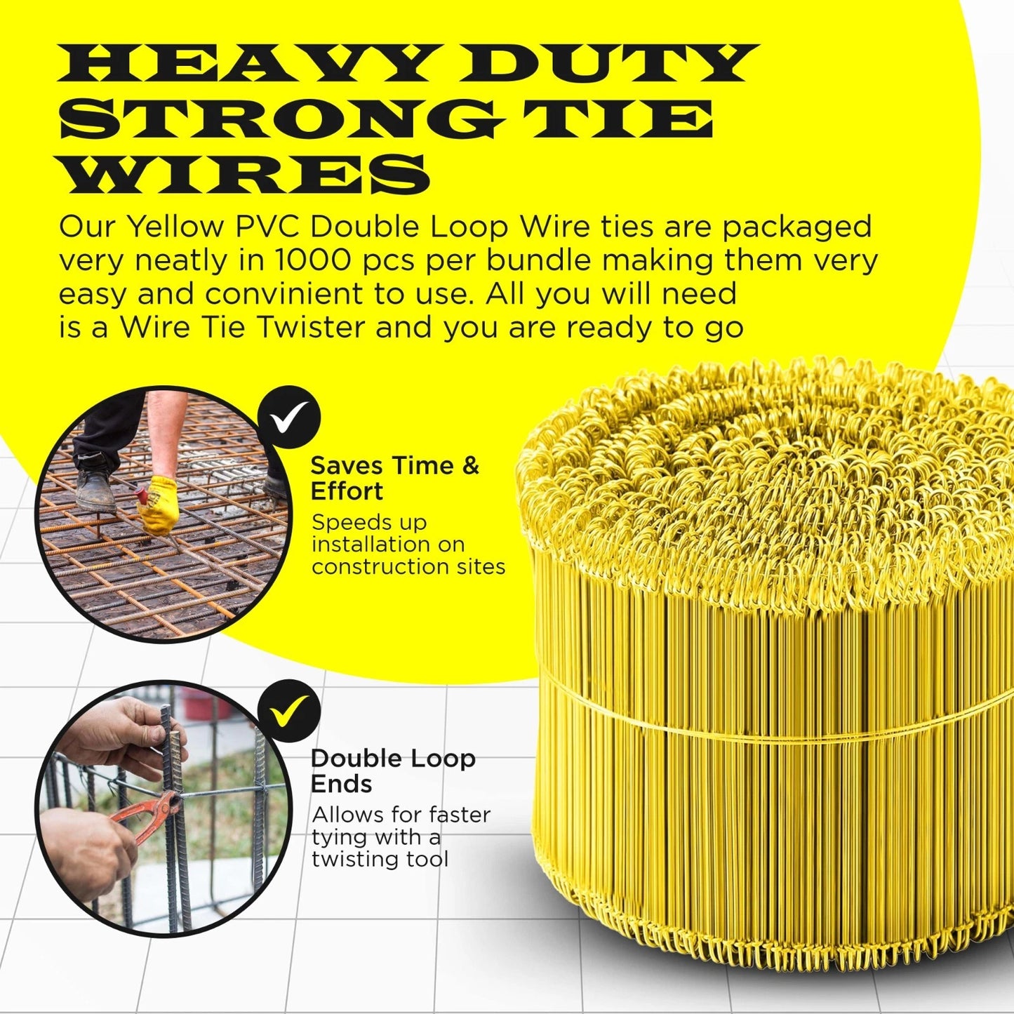6 Inch x 1000pc YELLOW PVC COATED Double Loop Rebar Wire Tie, 16 Gage SIMBASTEEL