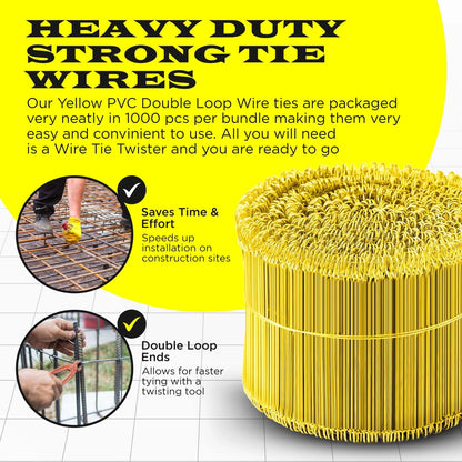 6 Inch x 1000pc YELLOW PVC COATED Double Loop Rebar Wire Tie, 16 Gage SIMBASTEEL