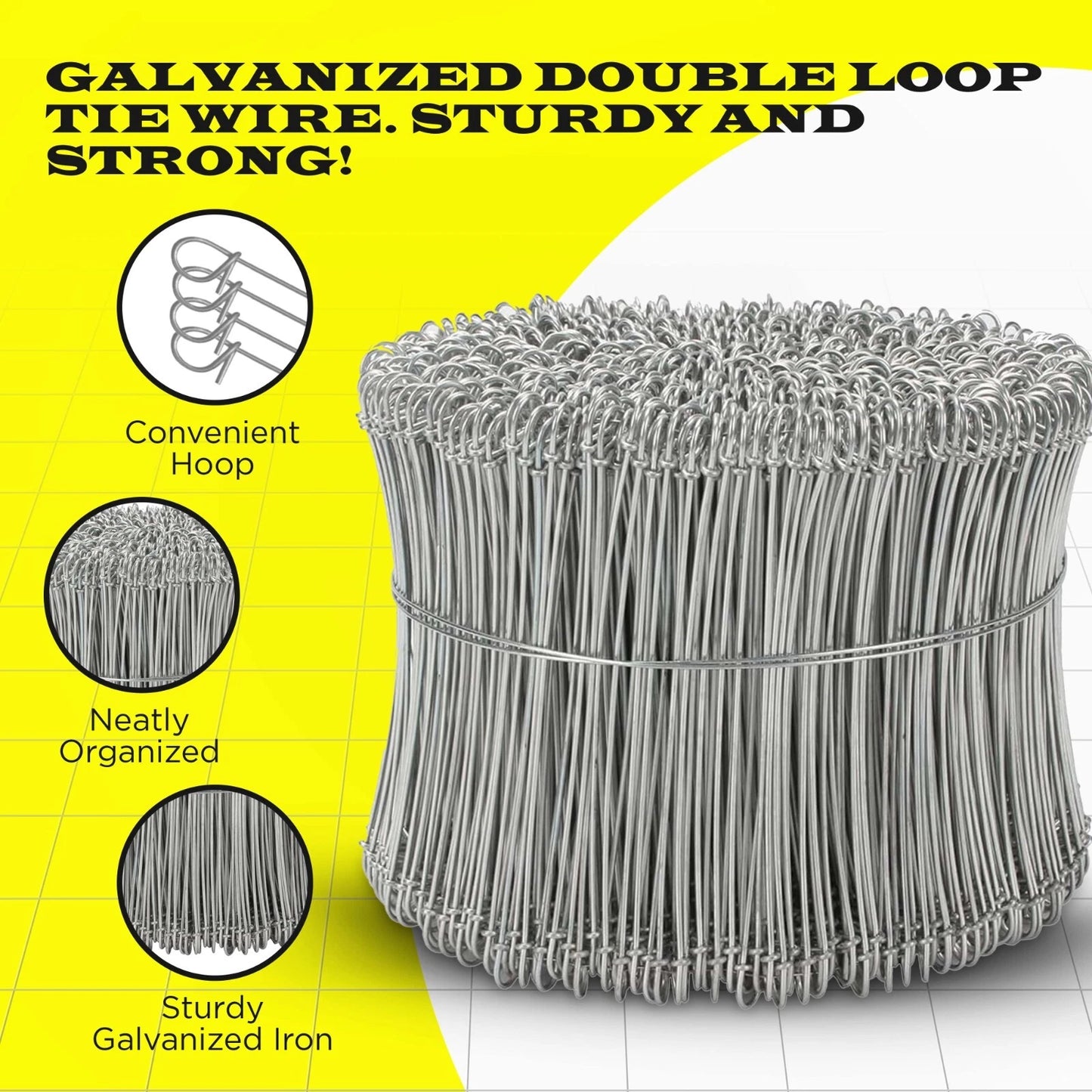 8 Inch x 1,000pc GALVANIZED Double Loop Rebar Wire Ties, 16 Gauge, SIMBASTEEL