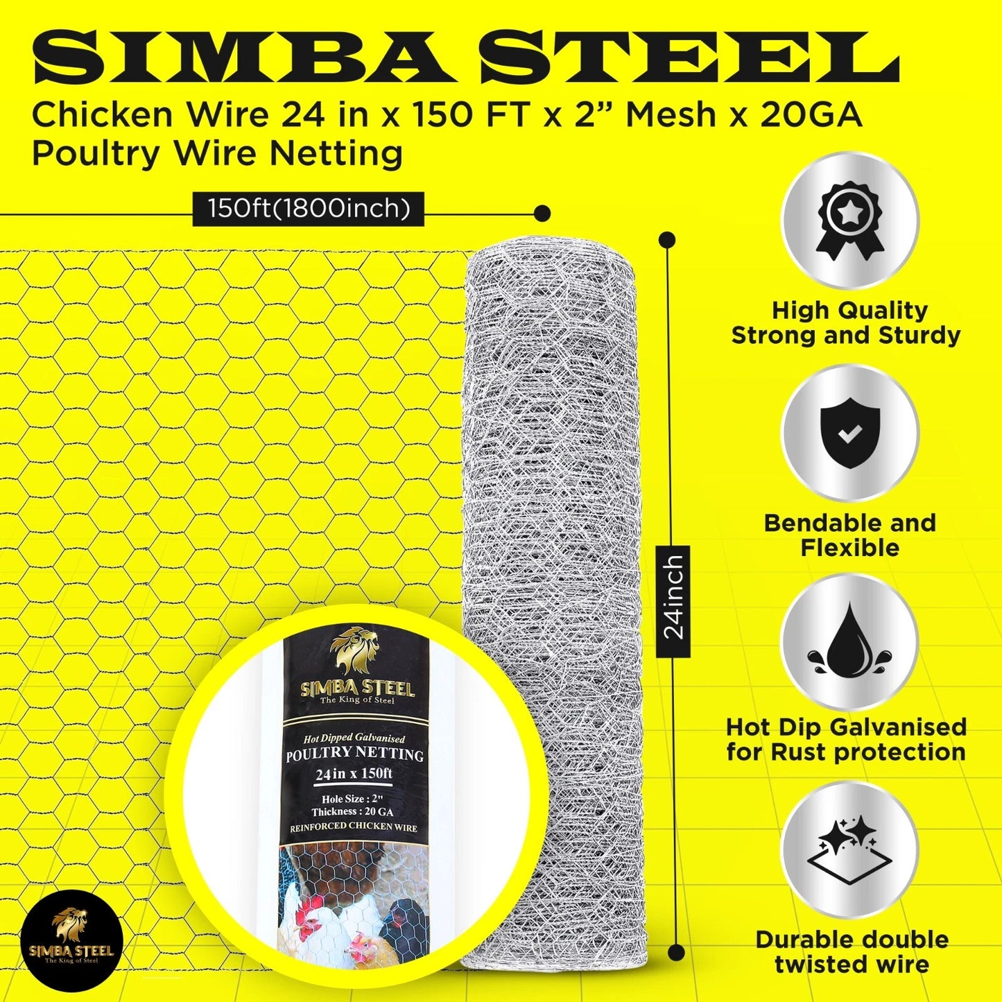 Galvanized Poultry Net - Fencing Chicken Wire 2" Hole - Many Sizes Poultry Mesh