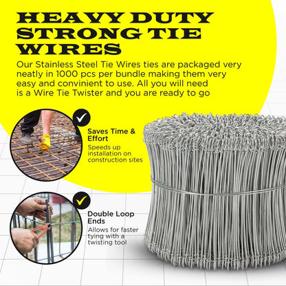 8 Inch x 1000pc STAINLESS STEEL Double Loop Rebar Wire Ties, 16 Gage, SIMBASTEEL