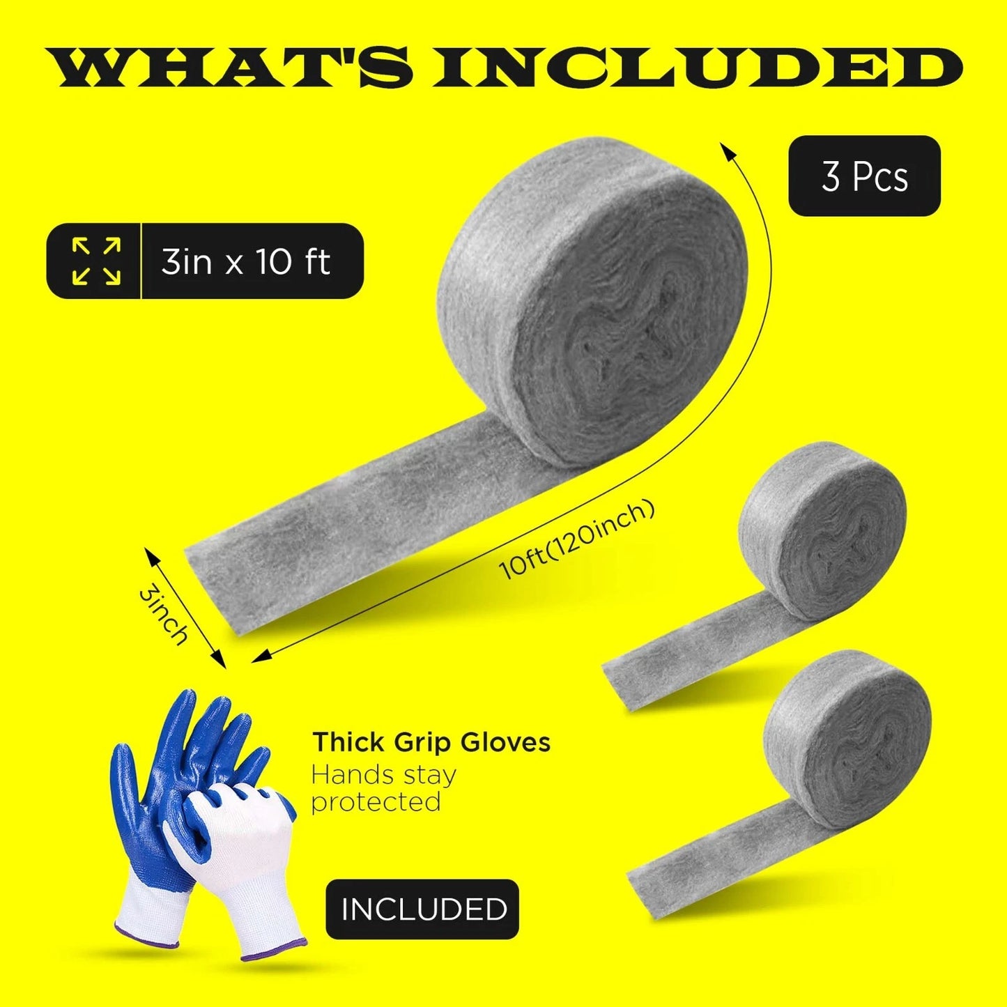 3 Pack Steel Wool 3 x 10FT each + Gloves, Mice Control, Keep Home Safe, Gap Fill