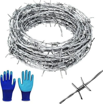50 FT Barbed Wire Roll + Gloves 16 Ga STRONG | 4-Point | 5