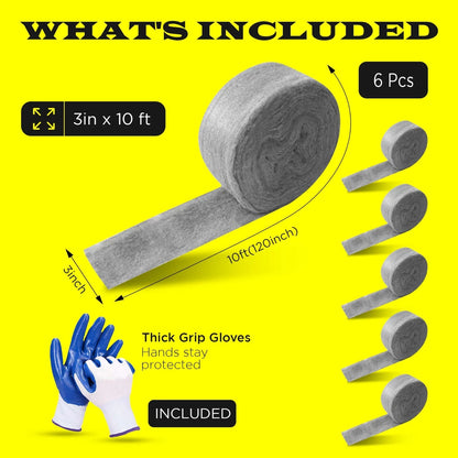 6 Pack Steel Wool 3 x 10FT each + Gloves, Mice Control, Keep Home Safe, Gap Fill