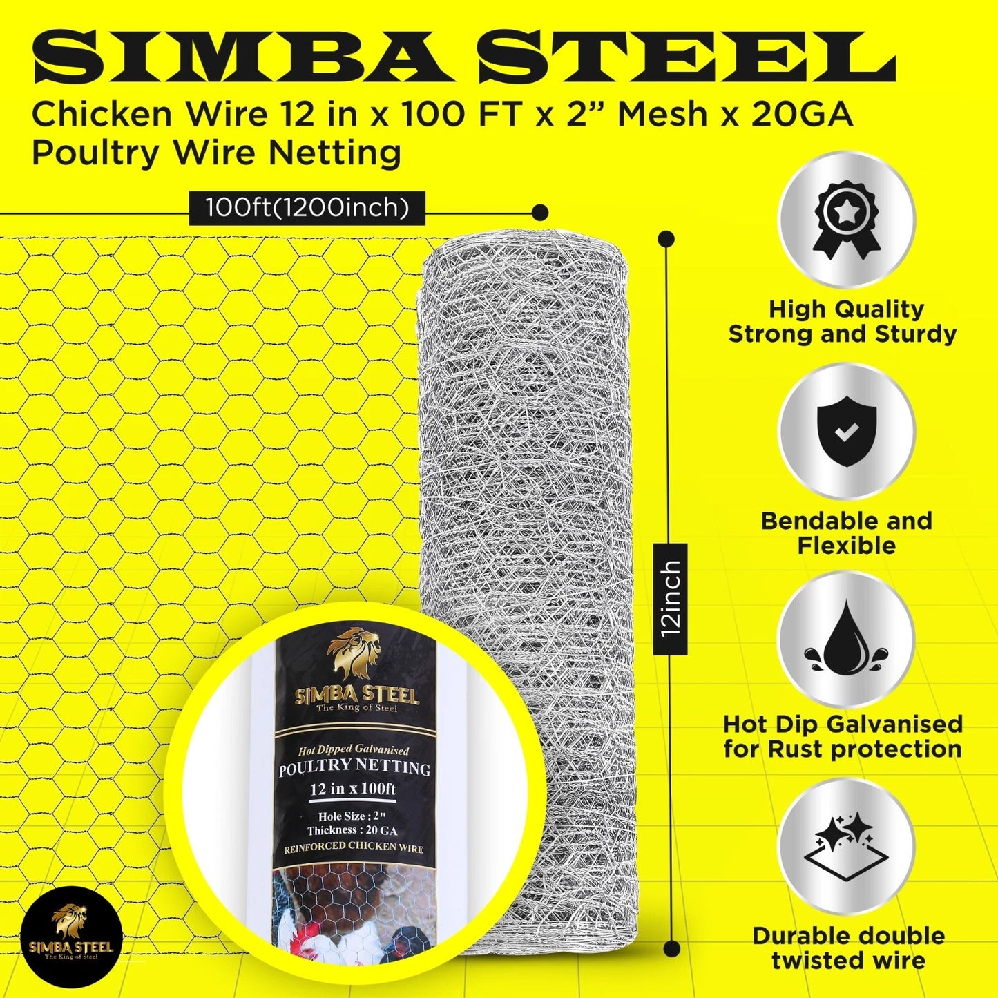 Galvanized Poultry Net - Fencing Chicken Wire 2" Hole - Many Sizes Poultry Mesh