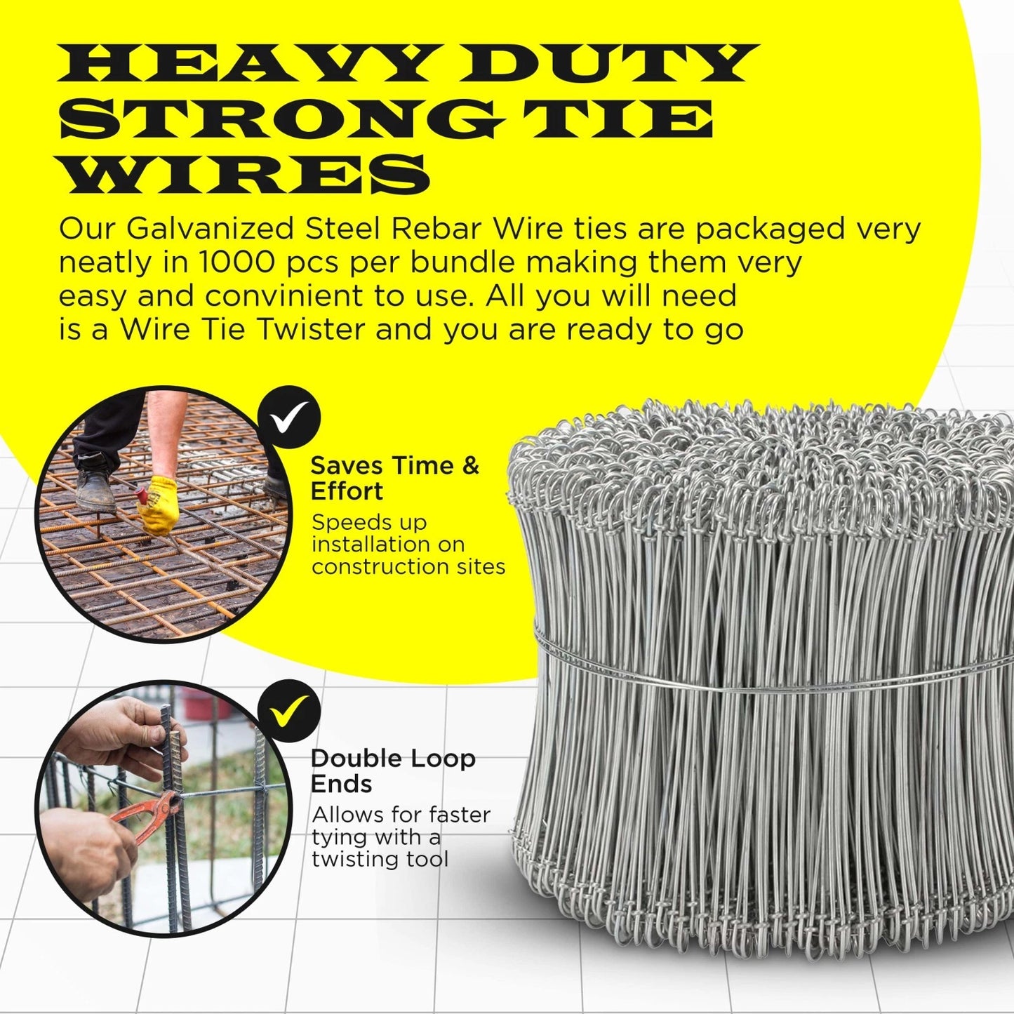 8 Inch x 1,000pc GALVANIZED Double Loop Rebar Wire Ties, 16 Gauge, SIMBASTEEL